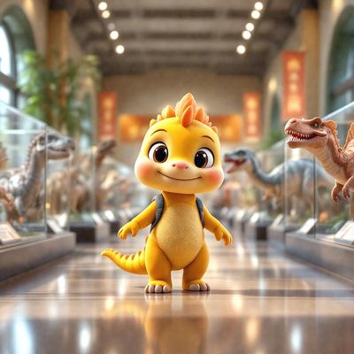The primary subject of the image is a small cartoon character, which appears to be a dinosaur or a similar creature. The character is standing in a museum, surrounded by various dinosaur models. The setting is a museum, with the exhibits showcasing different types of dinosaurs. The visual style of the image is a combination of photo and digital art, creating a unique and engaging display. The colors and mood of the image are vibrant and lively, with the small cartoon character standing out against